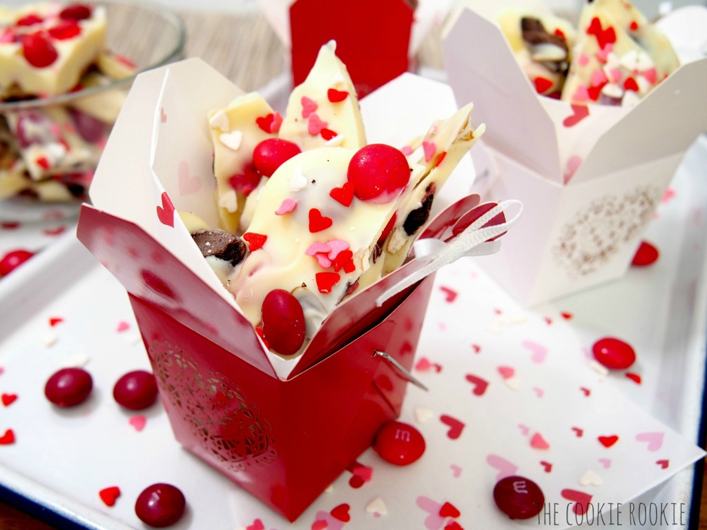 White Chocolate Valentine's Bark, made with Cherry M&Ms and Raspberry Oreos.  YUM!