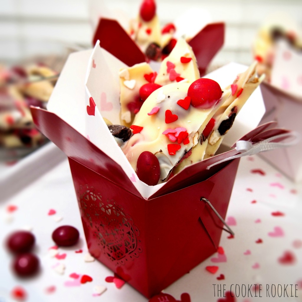 White Chocolate Valentine's Bark, made with Cherry M&Ms and Raspberry Oreos.  YUM!
