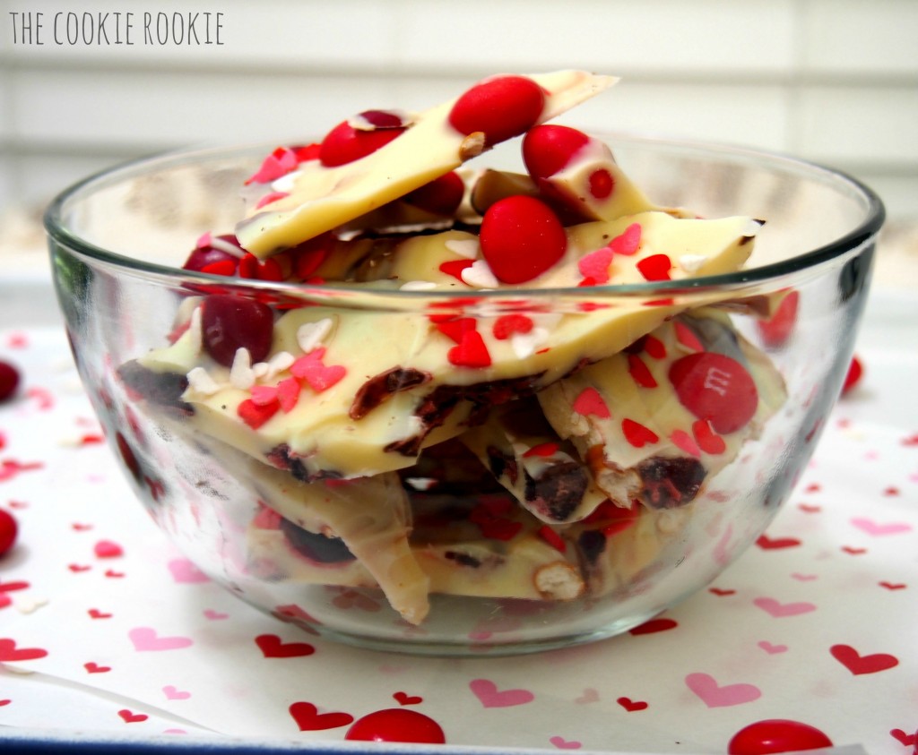 White Chocolate Valentine's Bark, made with Cherry M&Ms and Raspberry Oreos.  YUM!