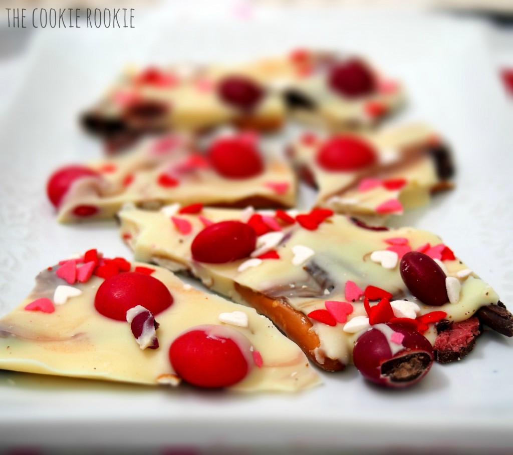 White Chocolate Valentine's Bark, made with Cherry M&Ms and Raspberry Oreos.  YUM!