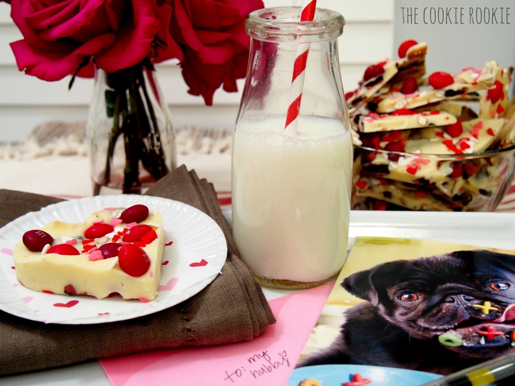 White Chocolate Valentine's Bark, made with Cherry M&Ms and Raspberry Oreos.  YUM!