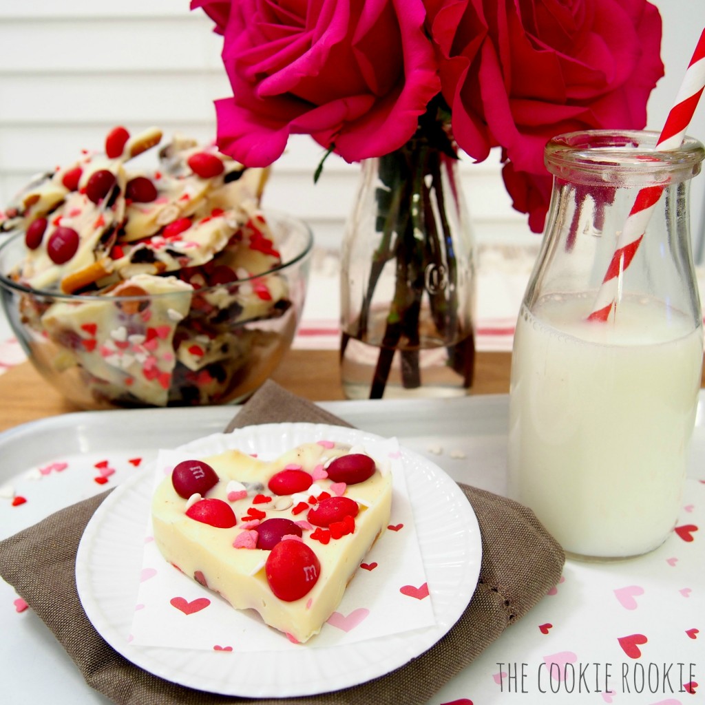 White Chocolate Valentine's Bark, made with Cherry M&Ms and Raspberry Oreos.  YUM!