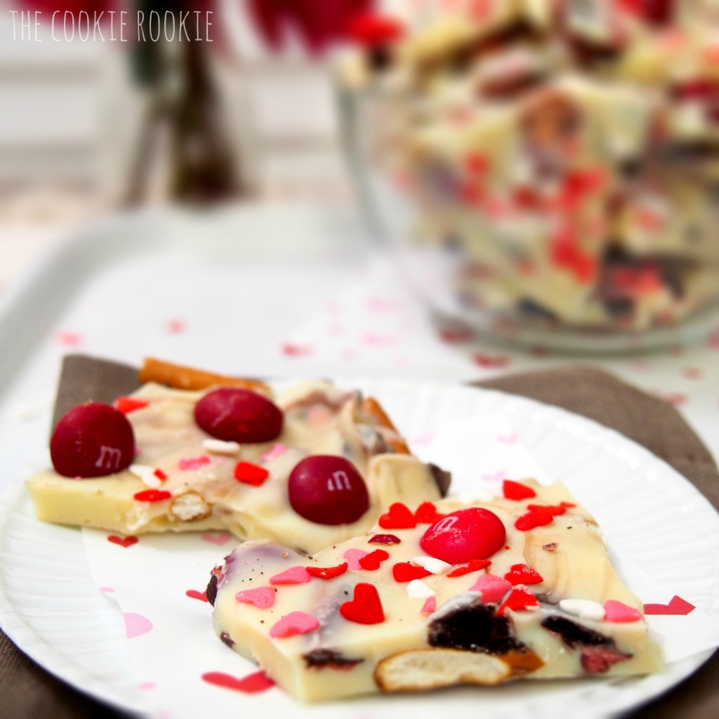 White Chocolate Valentine's Bark, made with Cherry M&Ms and Raspberry Oreos.  YUM!