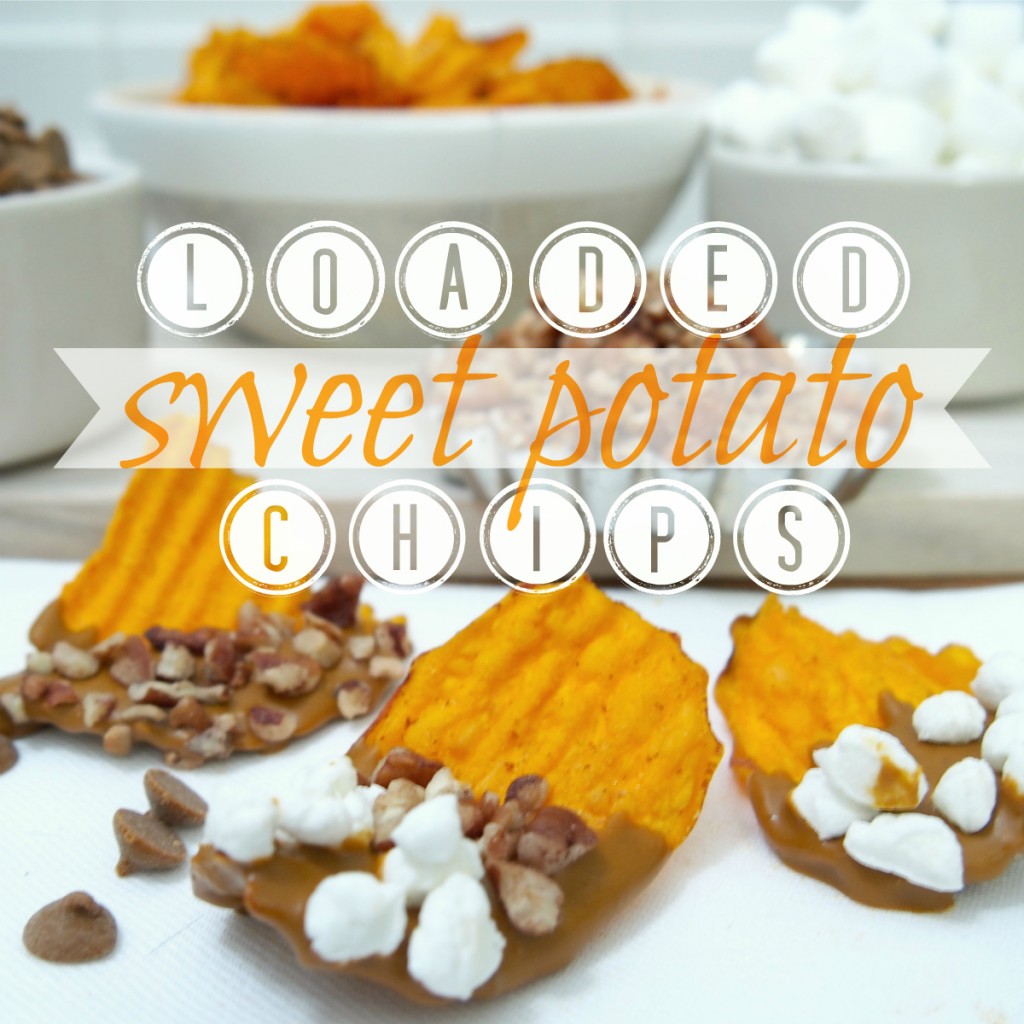 sweet potato chips dipped in cinnamon white chocolate and topped with marshmallows and pecans! my favorite side dish in snack form! loaded sweet potato chips!