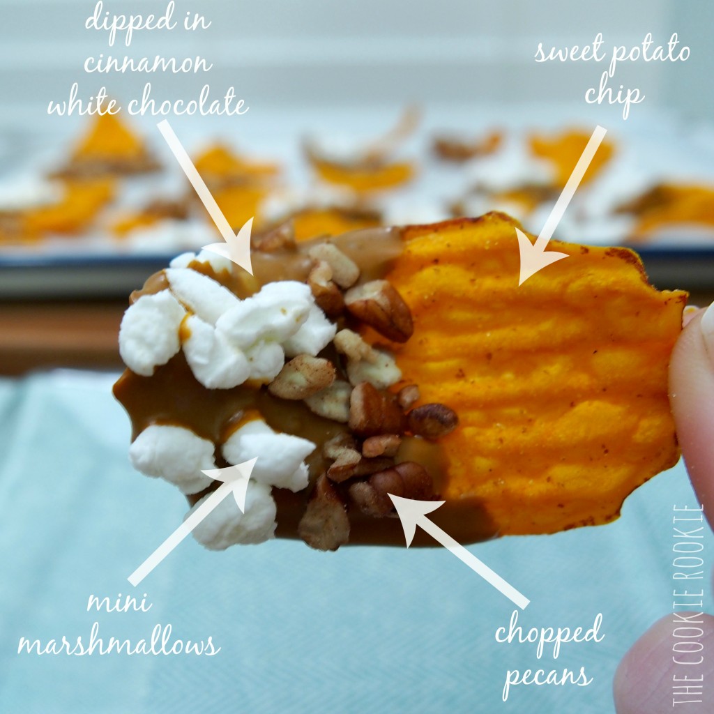 sweet potato chips dipped in cinnamon white chocolate and topped with marshmallows and pecans! my favorite side dish in snack form! loaded sweet potato chips!