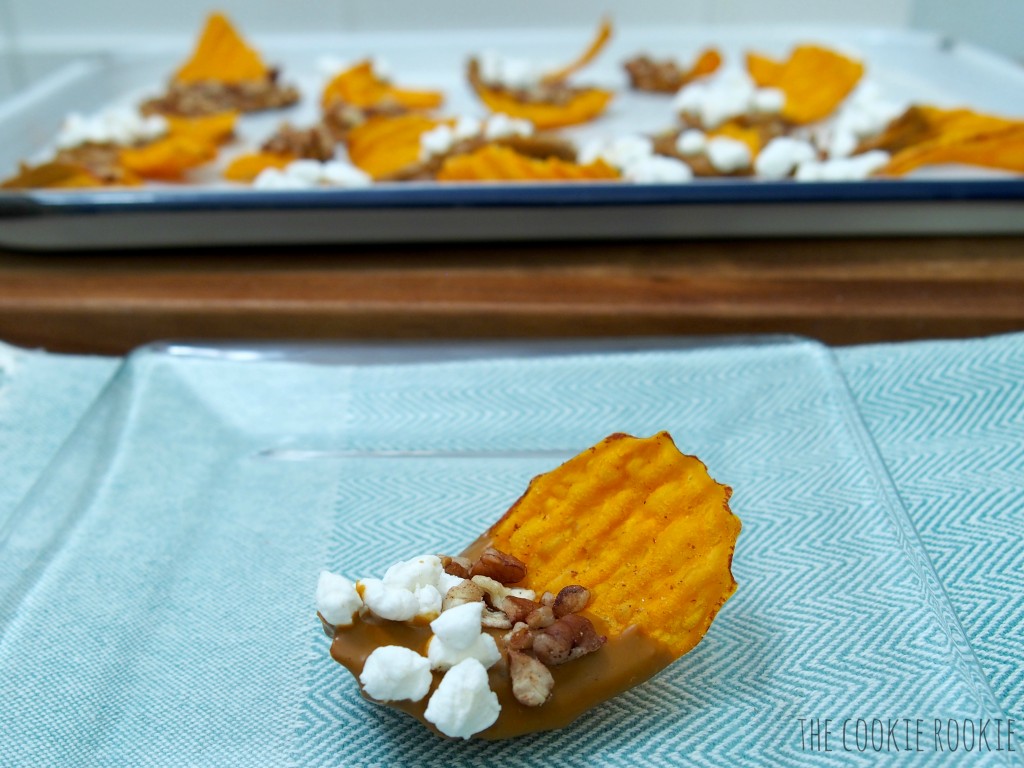 sweet potato chips dipped in cinnamon white chocolate and topped with marshmallows and pecans! my favorite side dish in snack form! loaded sweet potato chips!