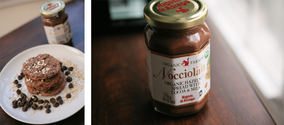 Cookies made with oats, chocolate chips and Nocciolata, an organic Italian hazelnut spread.