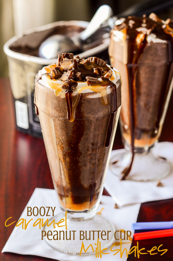 Boozy Caramel Peanut Butter Cup Milkshakes | Chocolate, caramel, peanut butter overload! Get the recipe on MyCookingSpot.com!