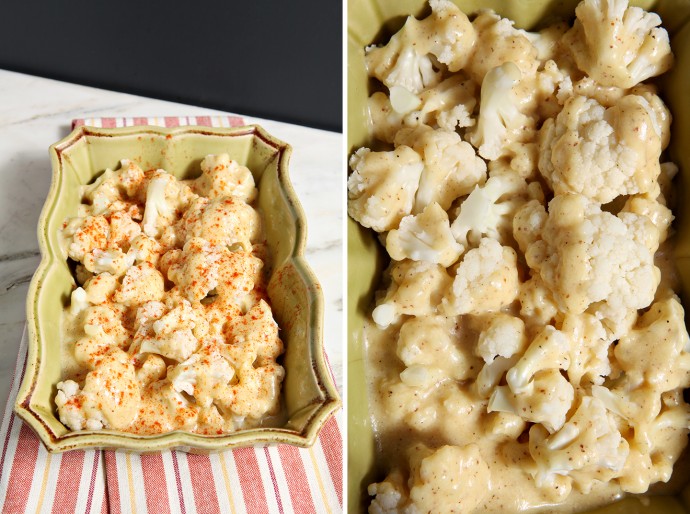 Cauliflower is drizzled with a creamy, spicy cheddar cheese sauce to make a decadent and simple side dish that is ready in 30 minutes!