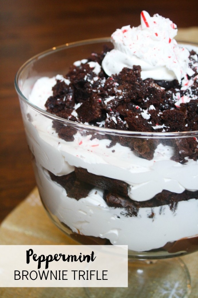 Peppermint Brownie Trifle // Layers of brownie pieces, chocolate pudding, cool whip and candy cane pieces create a beautiful holiday dessert