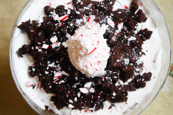 Peppermint Brownie Trifle // Layers of brownie pieces, chocolate pudding, cool whip and candy cane pieces create a beautiful holiday dessert