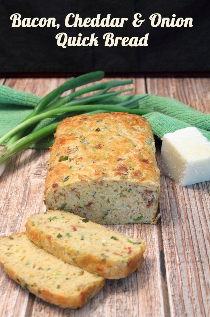 Bacon Cheddar and Onion Quick Bread An easy to make bread that boasts plenty of flavor. Bacon, cheddar and green onions flavor a dense quick bread that pairs well with just about anything!