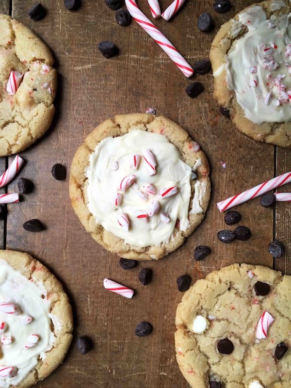 Chocolate chip cookies receive a makeover just in time for Christmas! These Peppermint Chocolate Chip Cookies include crushed candy canes and a sweet topping.