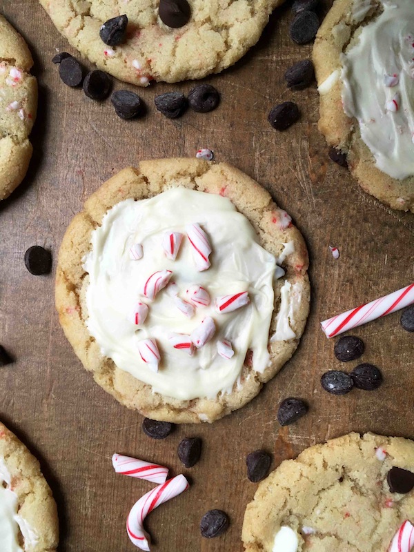 Chocolate chip cookies receive a makeover just in time for Christmas! These Peppermint Chocolate Chip Cookies include crushed candy canes and a sweet topping.